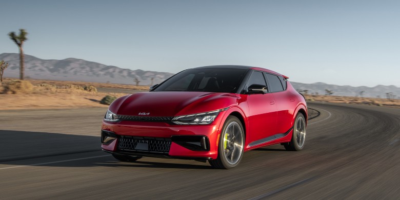Front exterior view of the 2023 Kia EV6 on an open road.