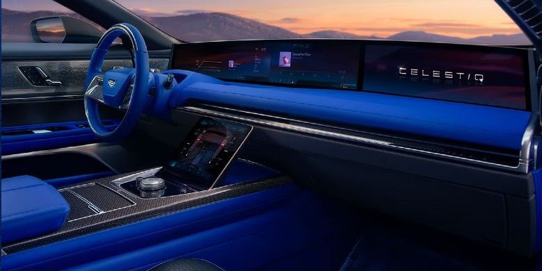 Interior view of infotainment, technology and steering wheel in the the 2025 Cadillac Celestiq for sale in Tempe, AZ