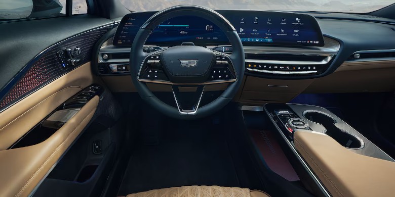 Interior view of infotainment, technology and steering wheel in the the 2025 Cadillac LYRIQ for sale in Tempe, AZ