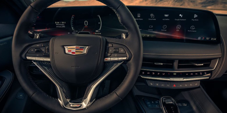 Interior view of technology, steering wheel and dashboard in the 2026 Cadillac ct5v for sale in Tempe, AZ