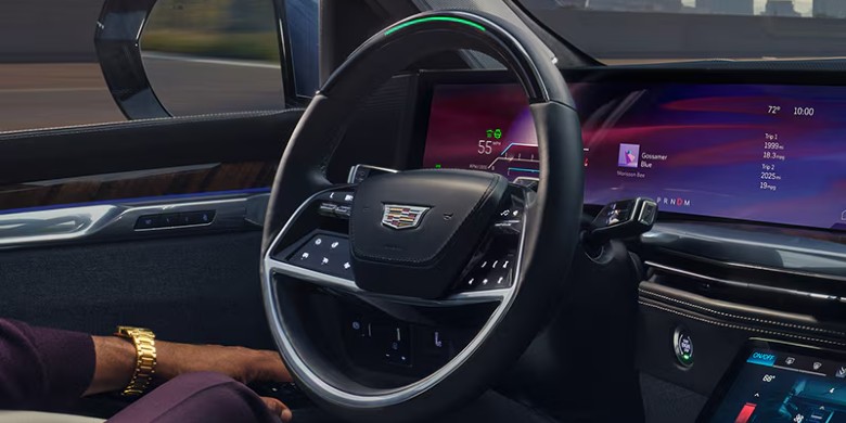 Interior view of technology, steering wheel and dashboard in the 2026 Cadillac Escalade for sale in Tempe, AZ