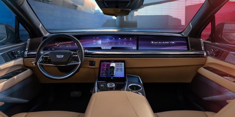 Interior view of infotainment, technology and steering wheel in the the 2026 Cadillac Escalade IQL for sale in Tempe, AZ