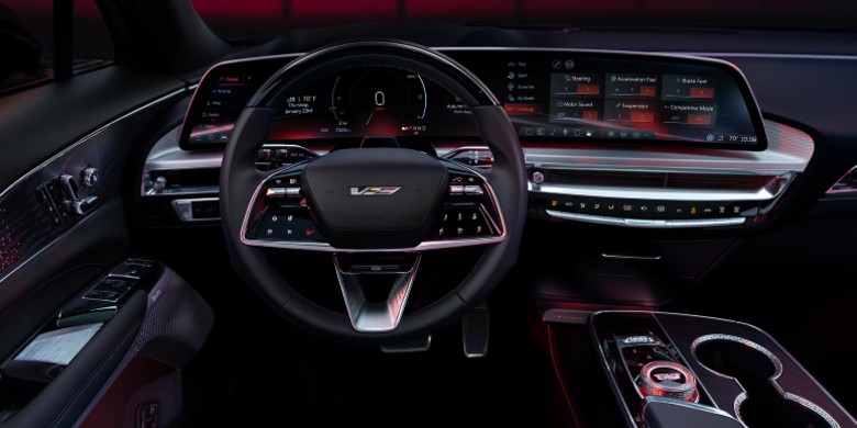 Interior view of technology, steering wheel and dashboard in the 2026 Cadillac lyriqv for sale in Tempe, AZ