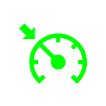 dashboard light showing a green speedometer with a green arrow pointing to the speed, indicating the cruise control light