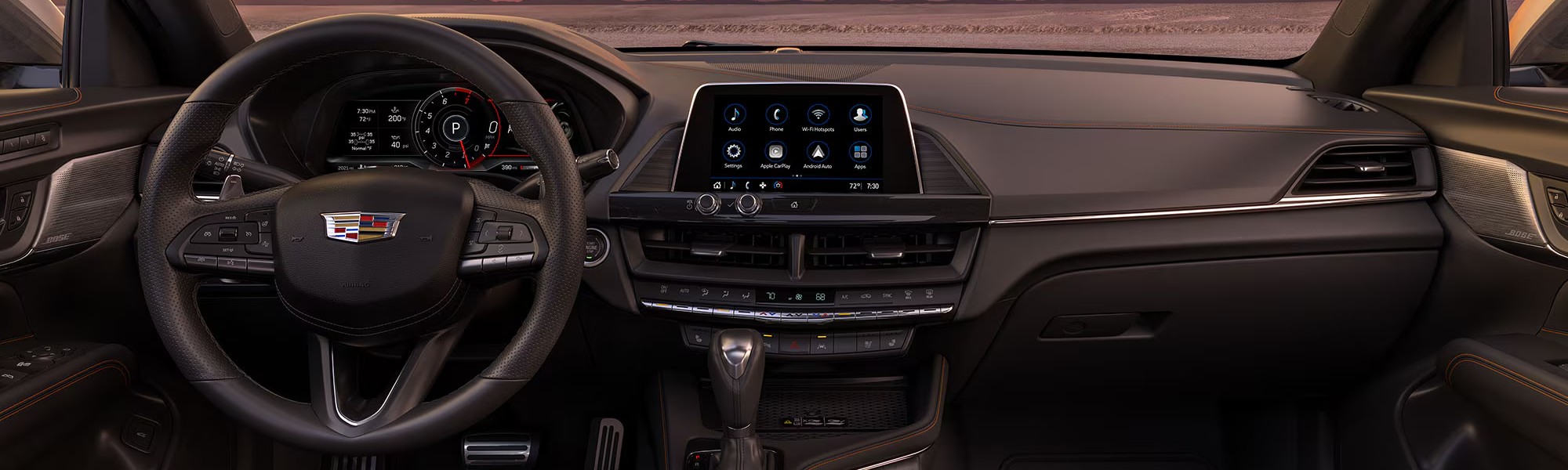 View of the Steering wheel inside of a Cadillac vehicle
