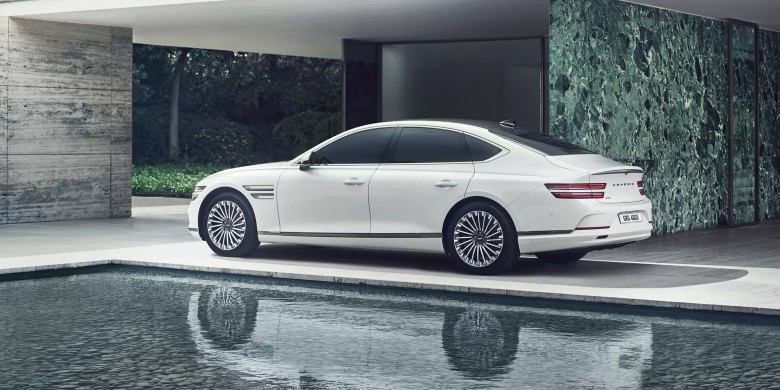 Rear exterior view of the 2024 Genesis Electrified G80 for sale near Milwaukee, WI