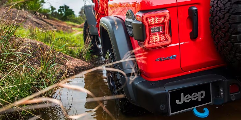 Rear exterior view of the 2024 Jeep Wrangler 4xe