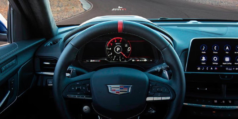 Interior steering wheel view of the 2025 Cadillac CT4-V