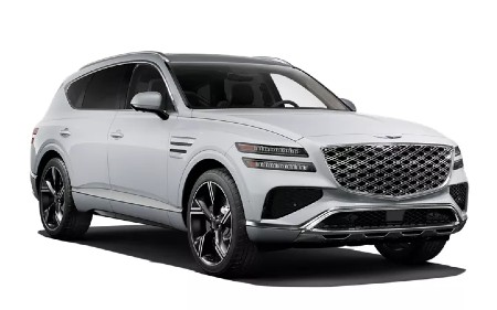 Front exterior view of a 2025 Genesis GV80 3.5 T Prestige AWD facing the right side with a transparent background