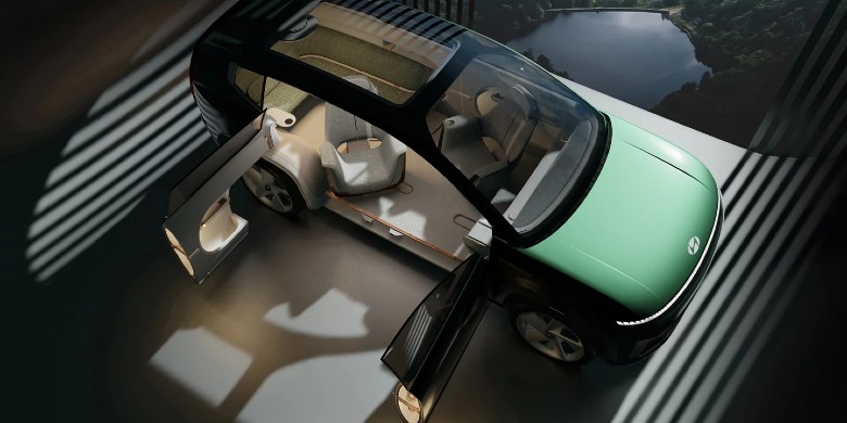 Arial view of the 2025 Hyundai IONIQ 7 Concept. You can see into the vehicle through the panoramic roof. Doors of the vehicle are open