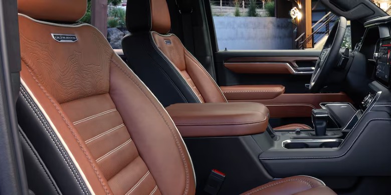 Interior seating view in the 2025 GMC Sierra Denali and GMC Sierra Denali Ultimate