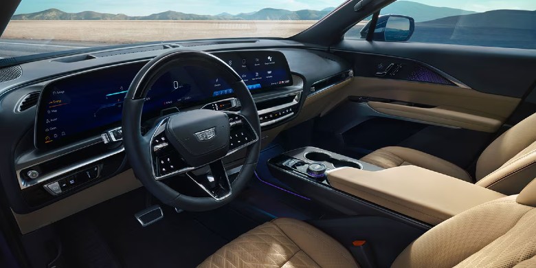 View of the interior tech, steering wheel, dashboard, and infotainment system in the 2026 Cadillac LYRIQ in Phoenix, AZ