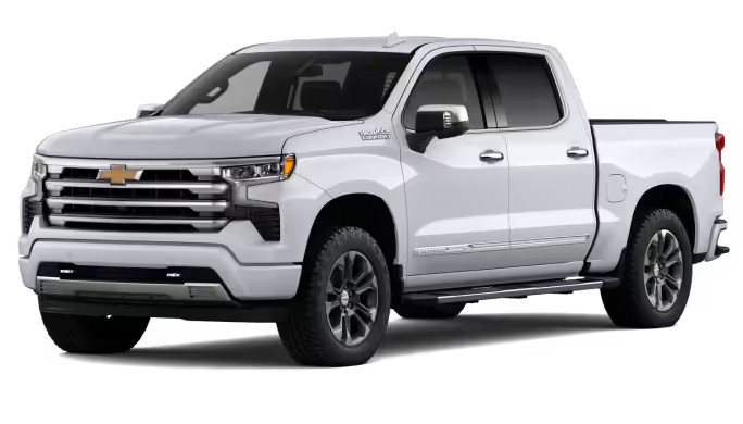 Front exterior view of a 2026 Chevy Silverado 1500 in the color Polar White Tricoat