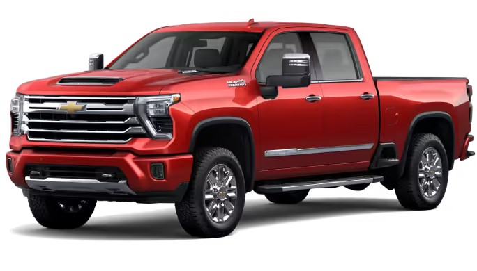 Front exterior view of a 2026 Chevy Silverado 1500 in the color Radiant Red Tintcoat
