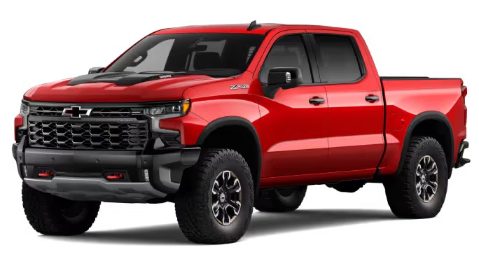 Front exterior view of a 2026 Chevy Silverado 1500 in the color Red Hot