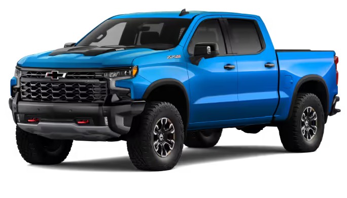 Front exterior view of a 2026 Chevy Silverado 1500 in the color Riptide Blue Metallic