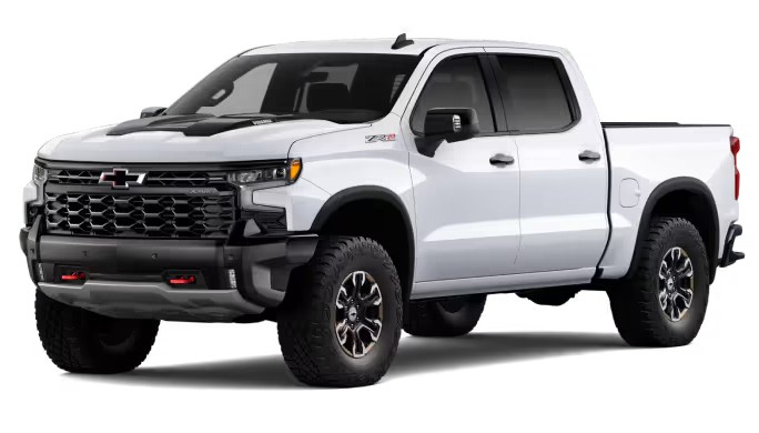 Front exterior view of a 2026 Chevy Silverado 1500 in the color Summit White