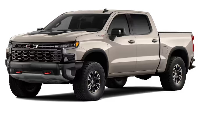 Front exterior view of a 2026 Chevy Silverado 1500 in the color White Sands