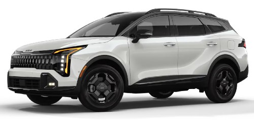 Front exterior view in of the 2026 Kia Sportage in Glacial White Pearl w/ Ebony Black Roof