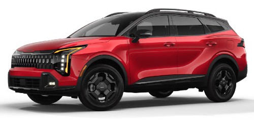 Front exterior view in of the 2026 Kia Sportage in  Runway Red w/ Ebony Black Roof
