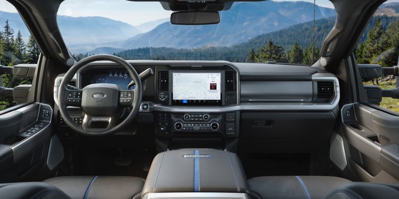 Ford instrument panel glowing blue with BlueCruise active