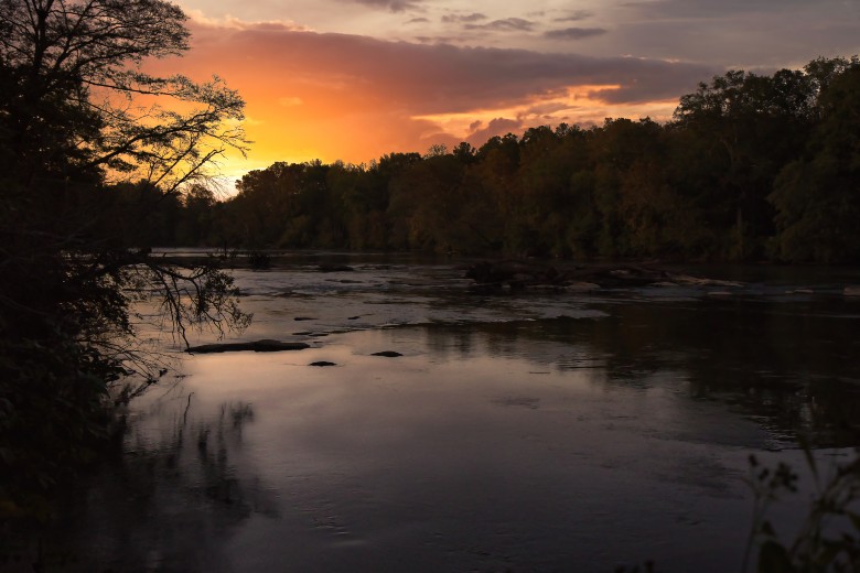 Chattahoochee River in Newnan, Georgia surrounded by fall foliage