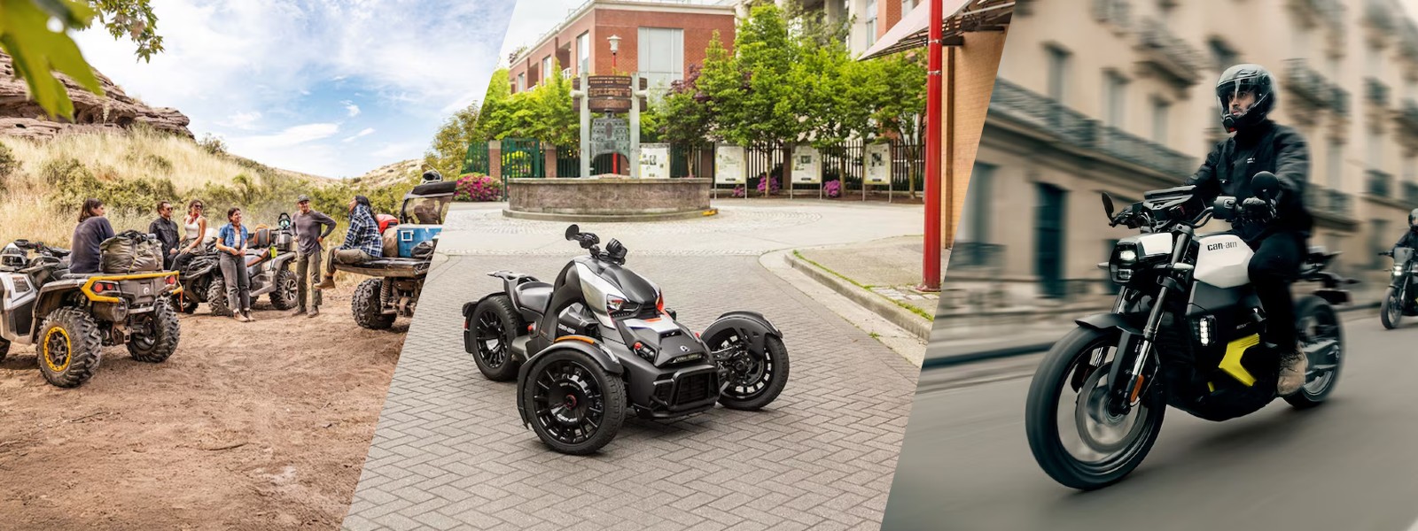 collage image of three can-am lifestyle model images. the first is an image of several can-am models parked on a dirt road. the second image is of a can-am model on a parked in a city square, the third and final image is a person riding a motorcycle model on a city street