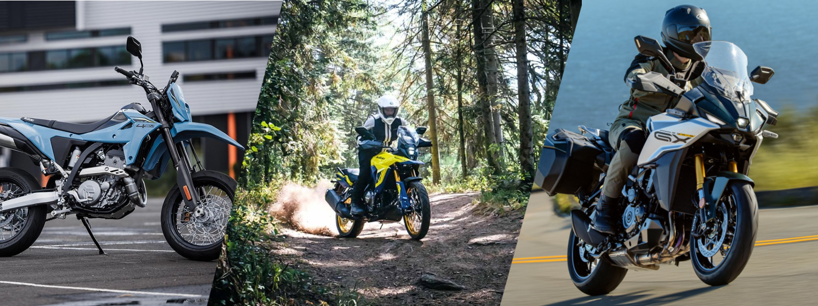 collage image of three suzkui motorcycle lifestyle model images. the first is a model parked in front of a building. the second image is of a person riding a bike model on a wooded trail, the third and final image is a person riding a motorcycle model on a road near water