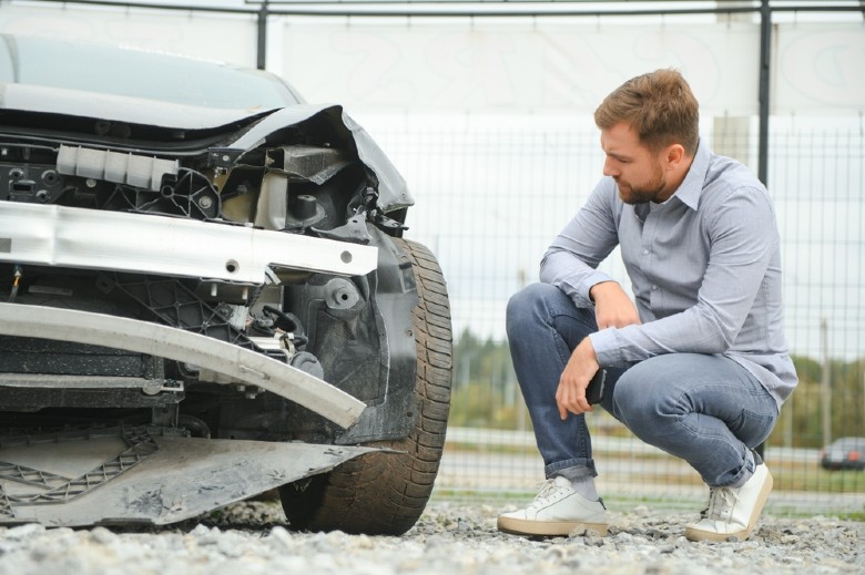 Man looking at a vehicle involved in an accident