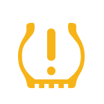 dashboard symbol showing a side view of a tire with an exclaimation mark in the center, indicating a Tire pressure light