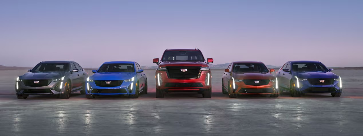 A lineup of Cadillac's v-series models facing the camera