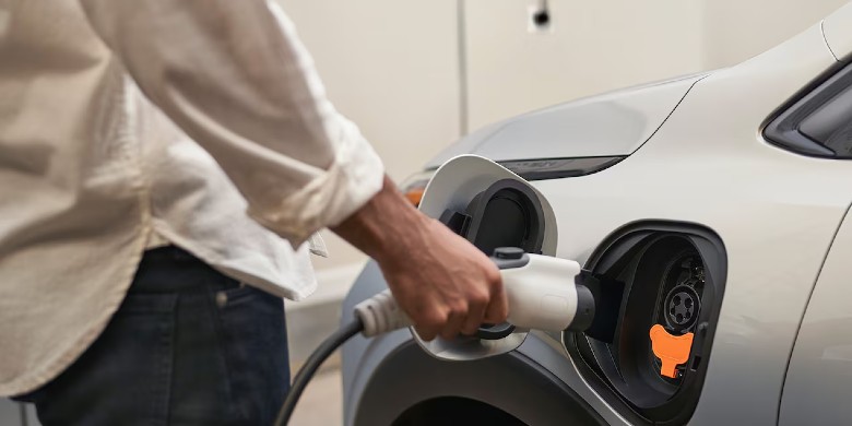 View of an EV driver plugging in their EV to their home charger