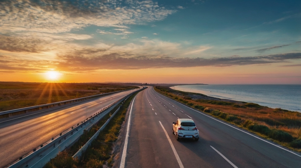 car driving at sunset next to water.